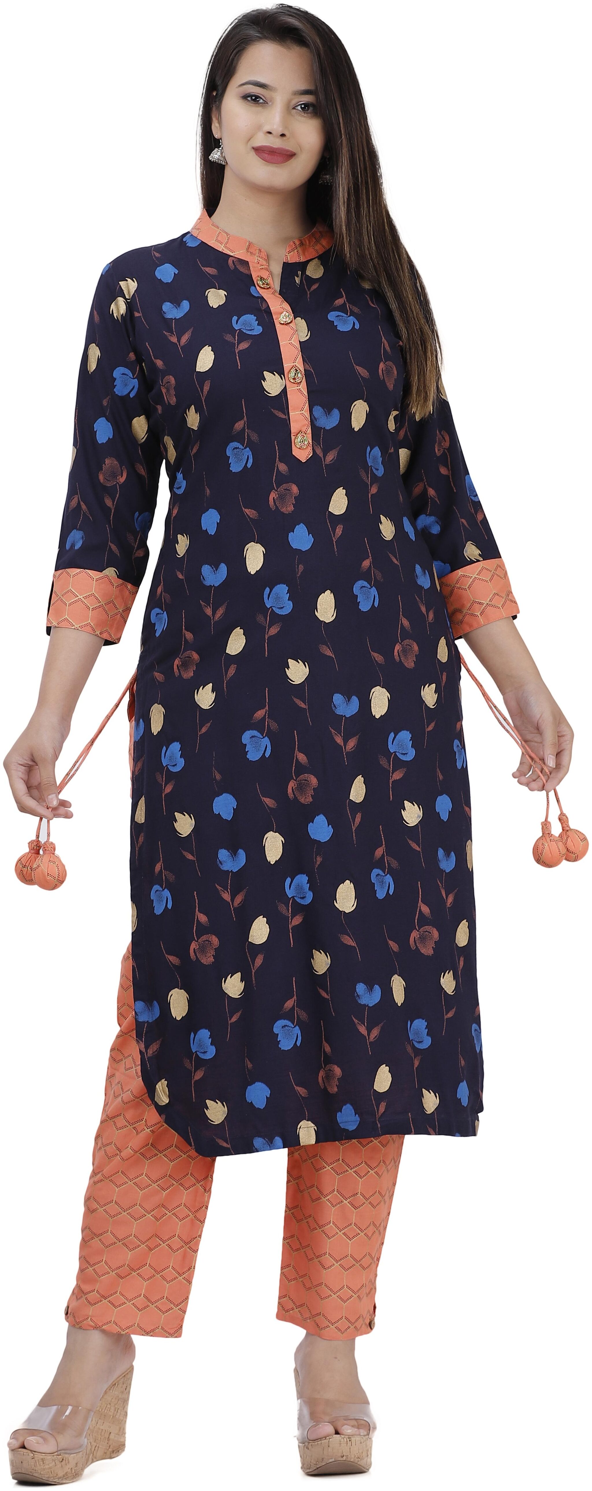 

HIGHLIGHT FASHION EXPORT Women Blue Floral Straight Kurta With Pants
