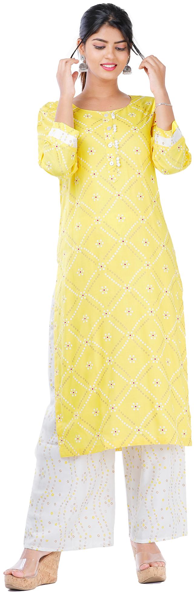 

HIGHLIGHT FASHION EXPORT Women Yellow Bandhani Straight Kurta With Palazzo