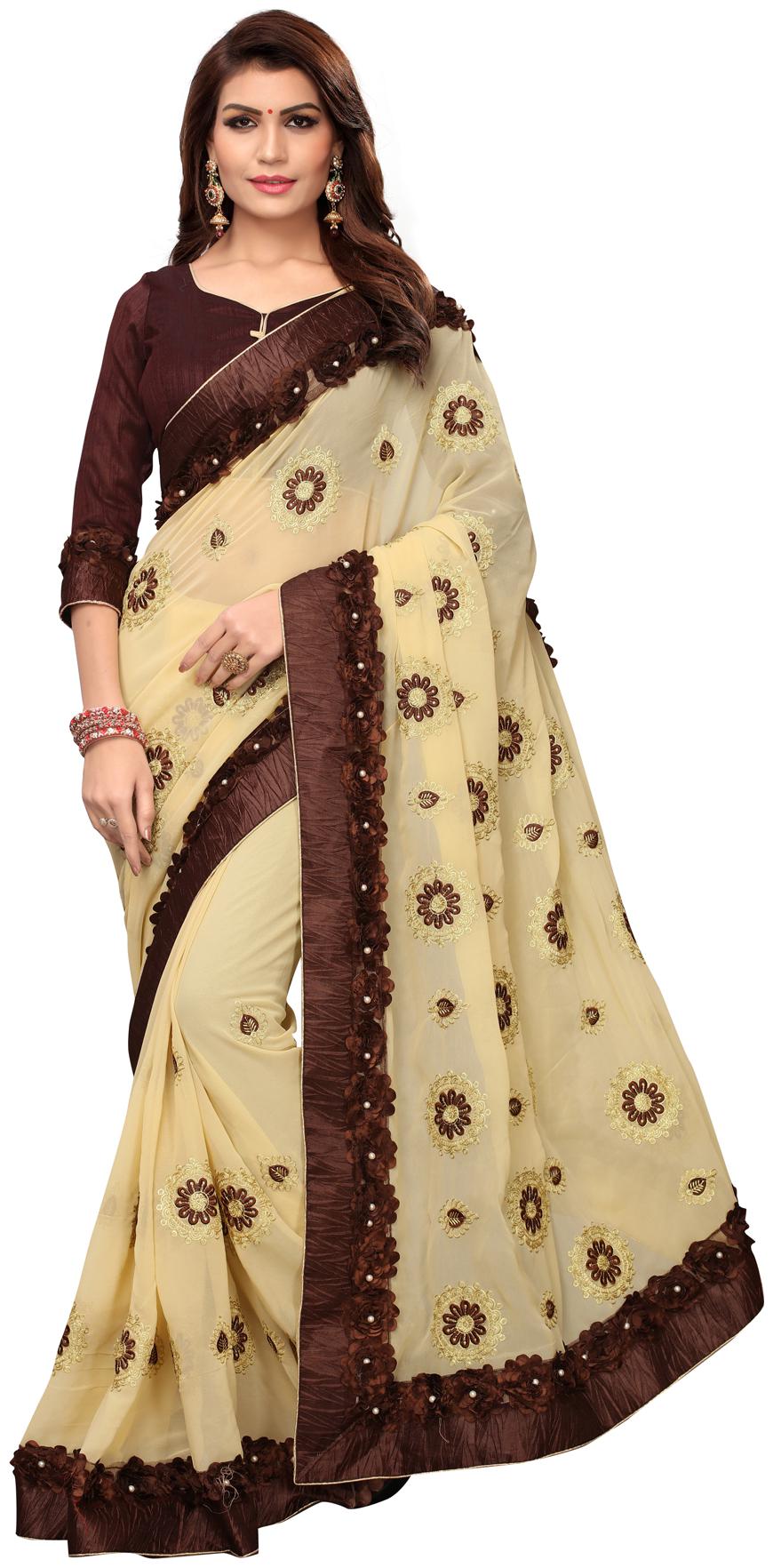 

Hirvanti Fashion Designer Beige(Cream) Georgette Ribbon Work Embroidered Saree with Blouse Piece