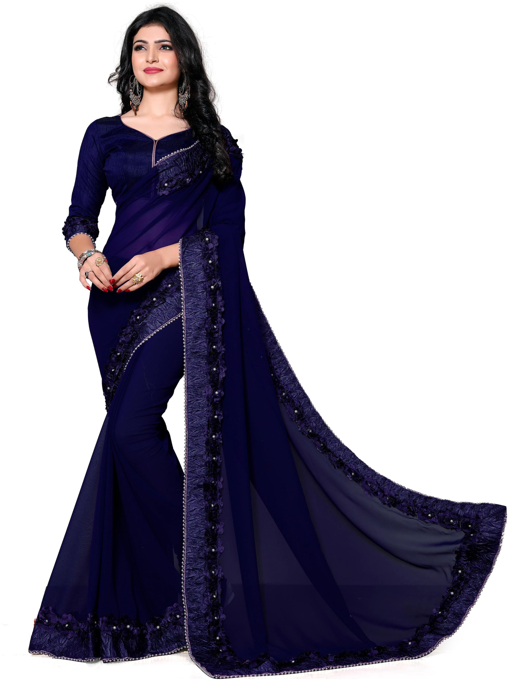 

HIRVANTI FASHION Blue Embroidered Universal Designer Saree With blouse