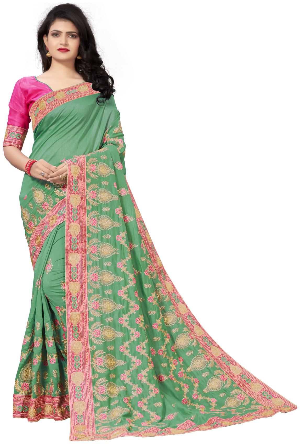 

Hirvanti Fashion Designer Green Silk Embroidered Saree with Blouse Piece