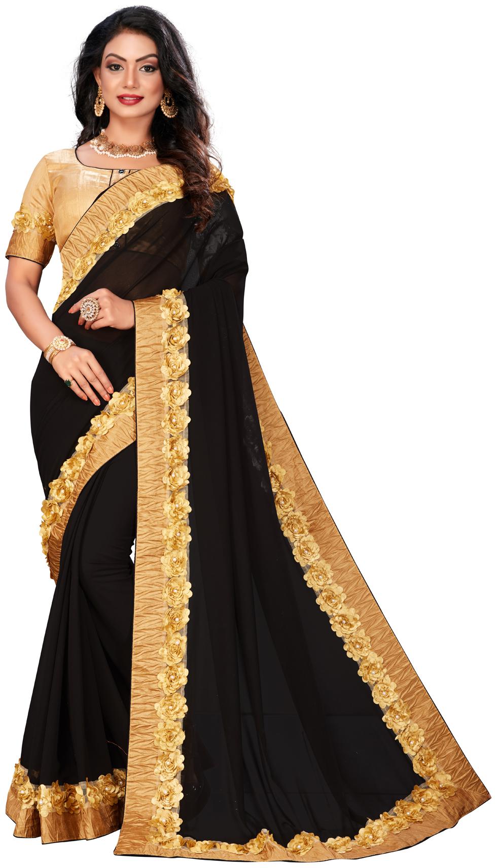 

Hirvanti Fashion Designer Black Georgette Embroidered Saree with Blouse Piece