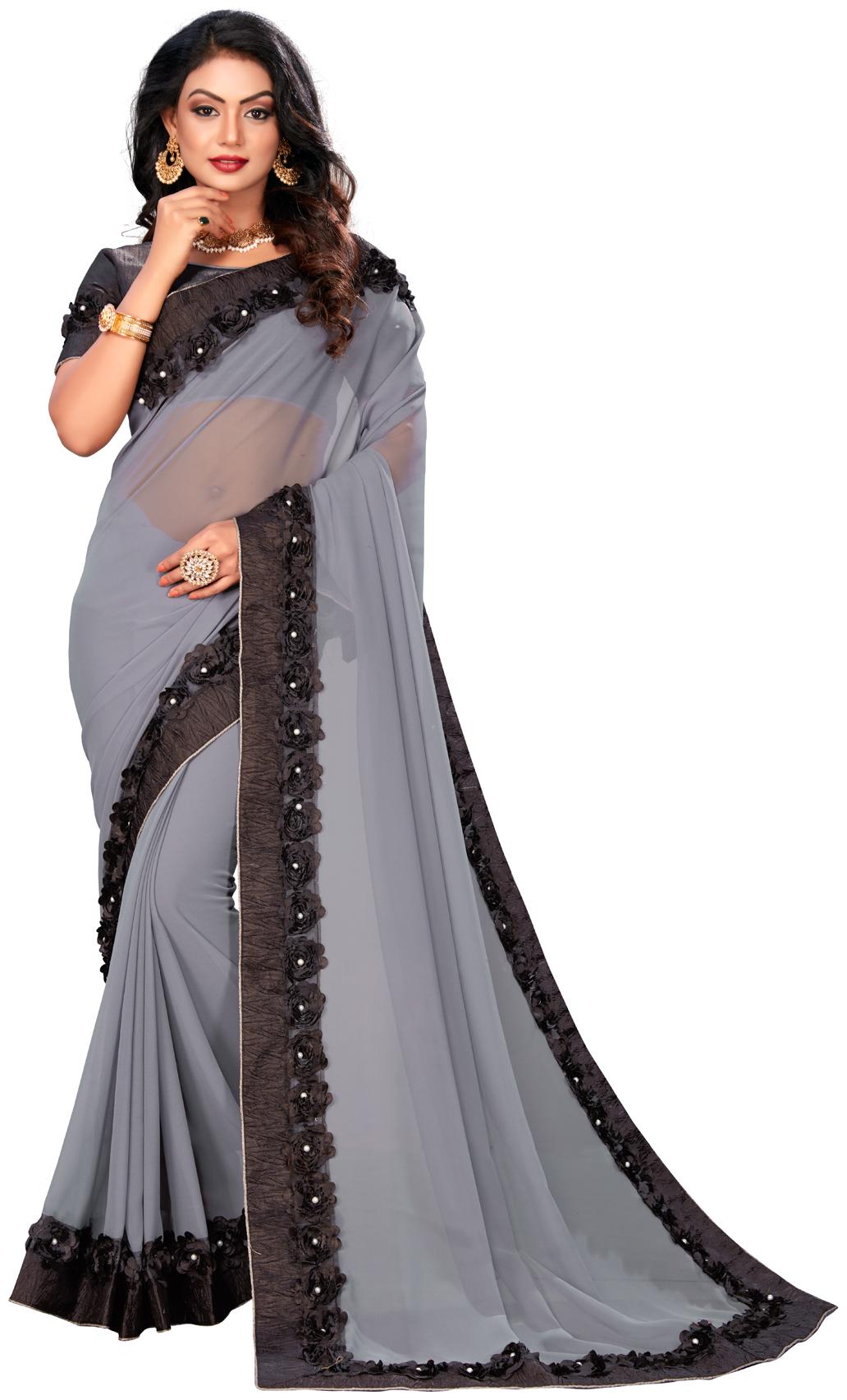 

Hirvanti Fashion Designer Grey Georgette Embroidered Saree with Blouse Piece