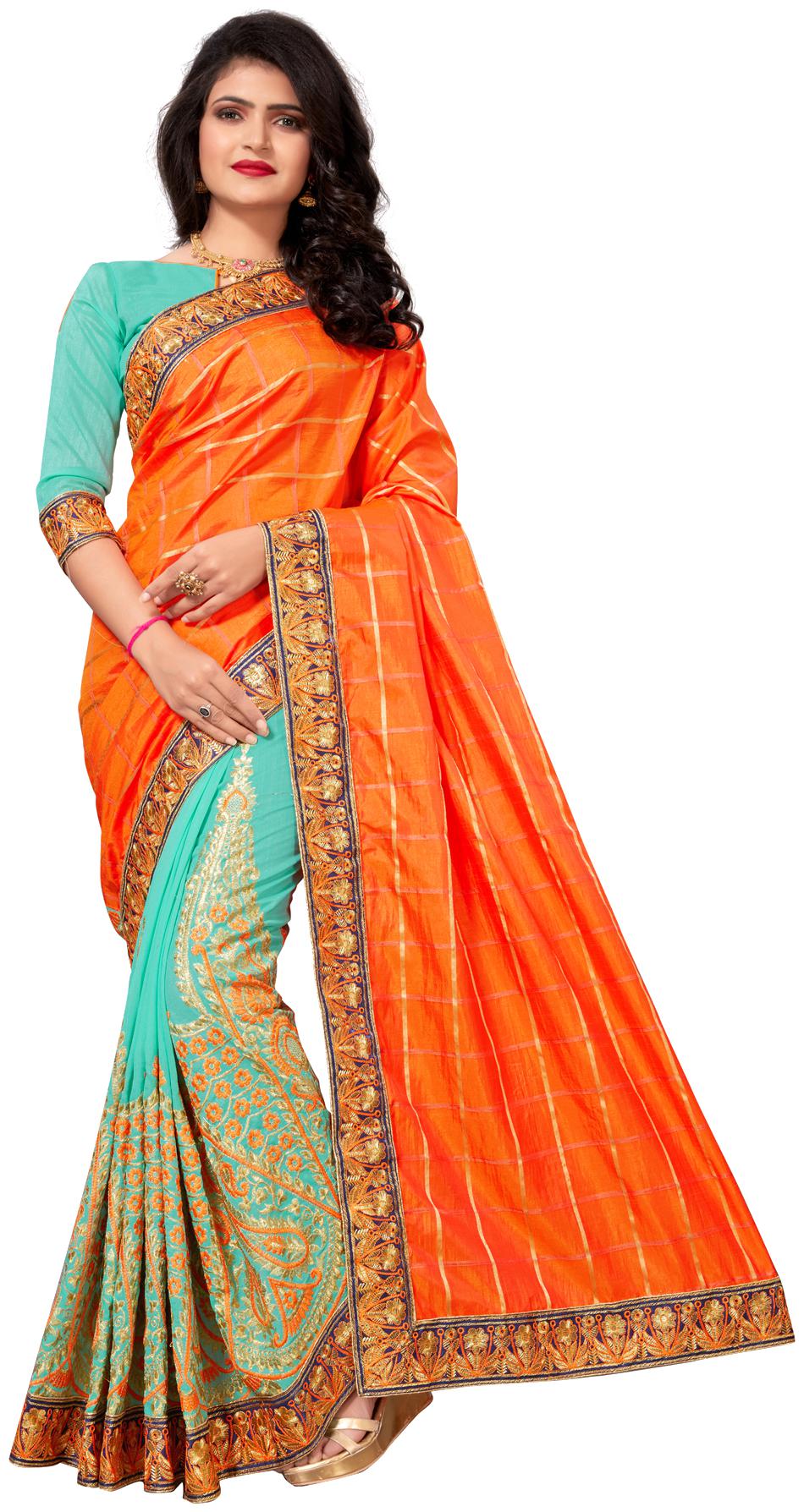 

Hirvanti Fashion Designer Orange Silk Embroidered Saree with Blouse Piece
