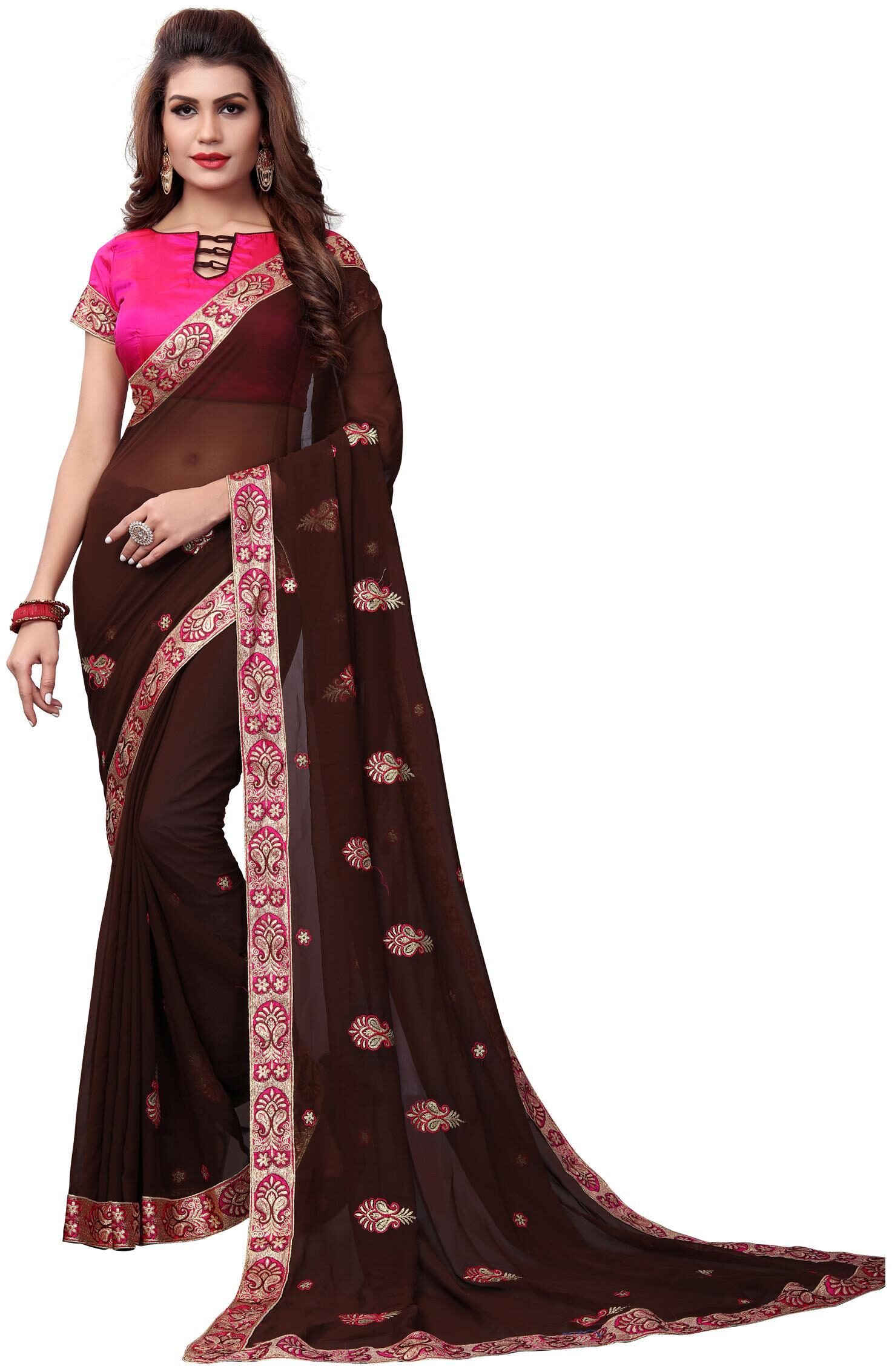 

HIRVANTI FASHION Brown Embroidered Universal Regular Saree With Blouse With blouse