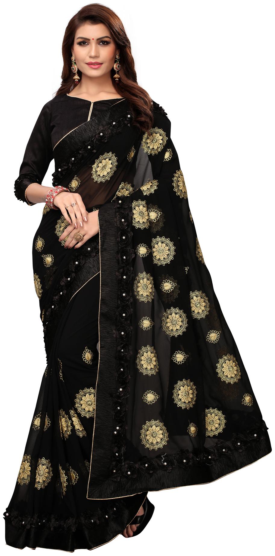 

Hirvanti Fashion Designer Black Georgette Ribbon Work Embroidered Saree with Blouse Piece