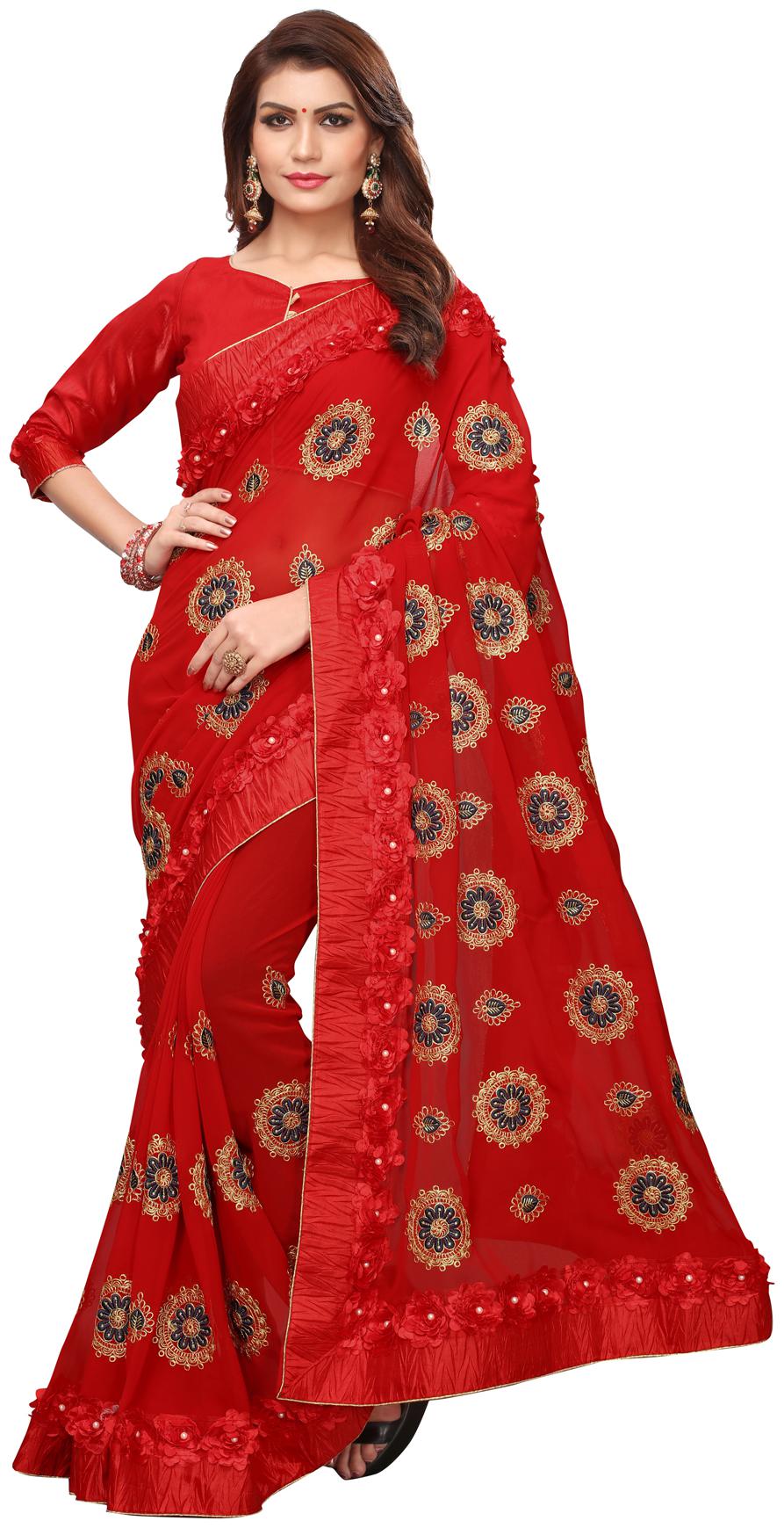 

Hirvanti Fashion Designer Red Georgette Ribbon Work Embroidered Saree with Blouse Piece