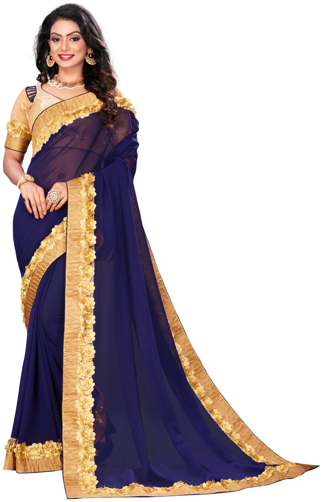 

Hirvanti Fashion Designer Blue Georgette Embroidered Saree with Blouse Piece