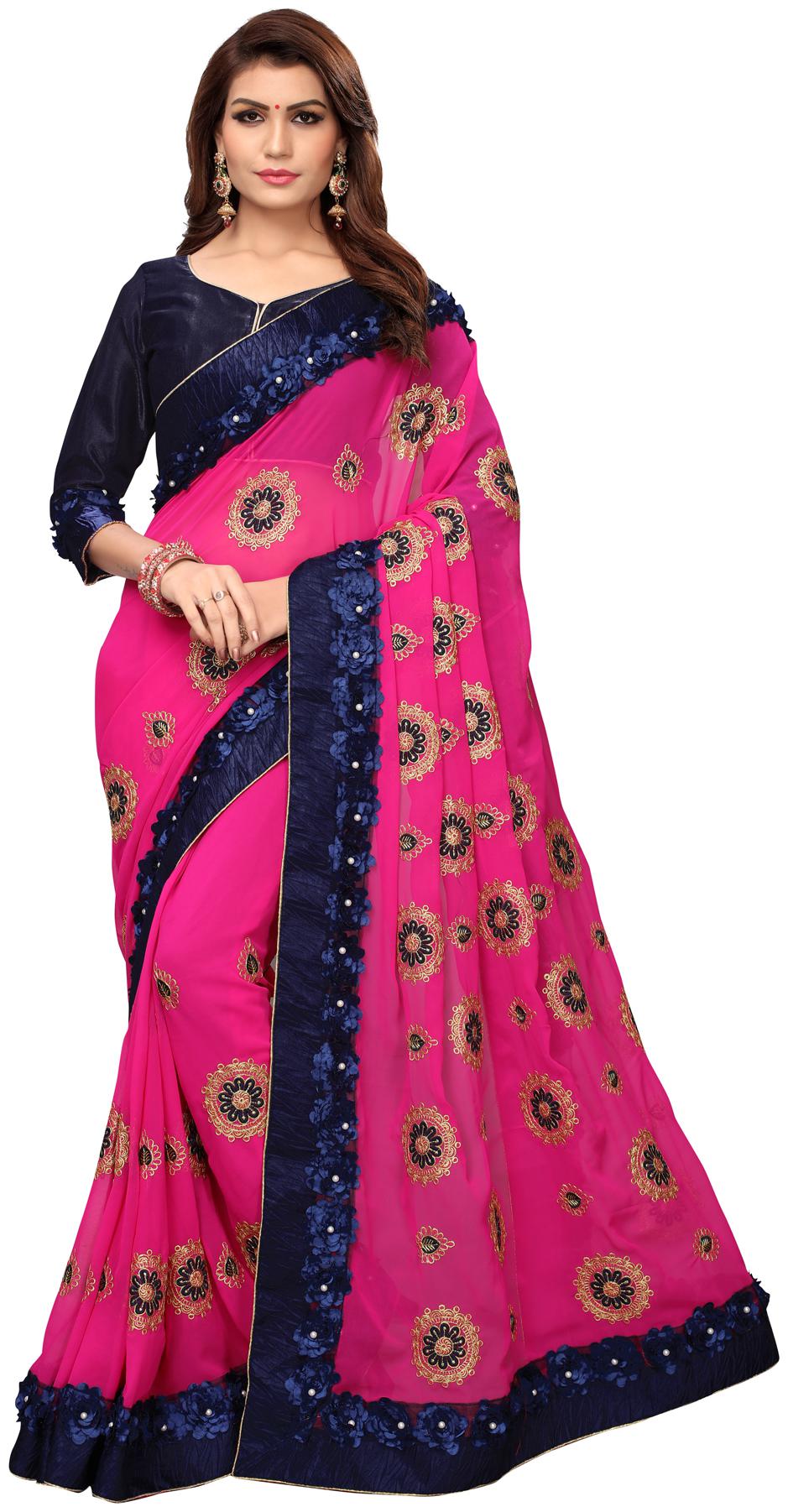 

Hirvanti Fashion Designer Pink Georgette Ribbon Work Embroidered Saree with Blouse Piece