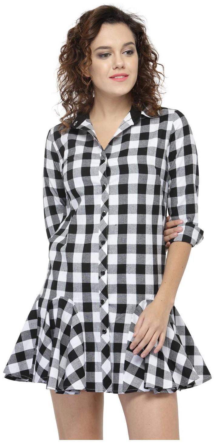 

Hive91 Black Checkered Ruffled Dress Cotton Casual Western Dress for Women