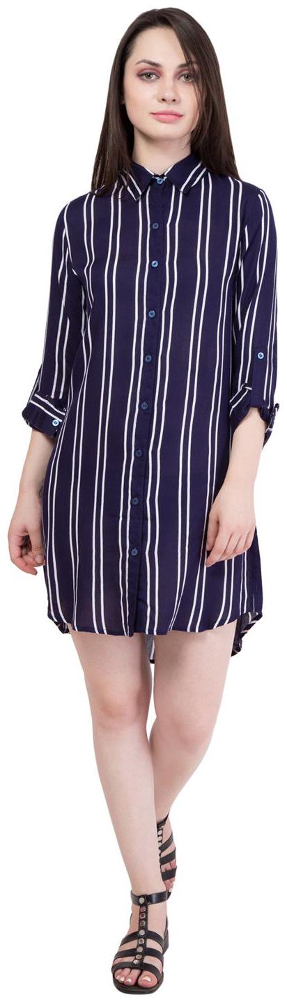

Hive91 Blue Shirt Dress in Striped Design Rayon Fabric and Roll Up Full Sleeve