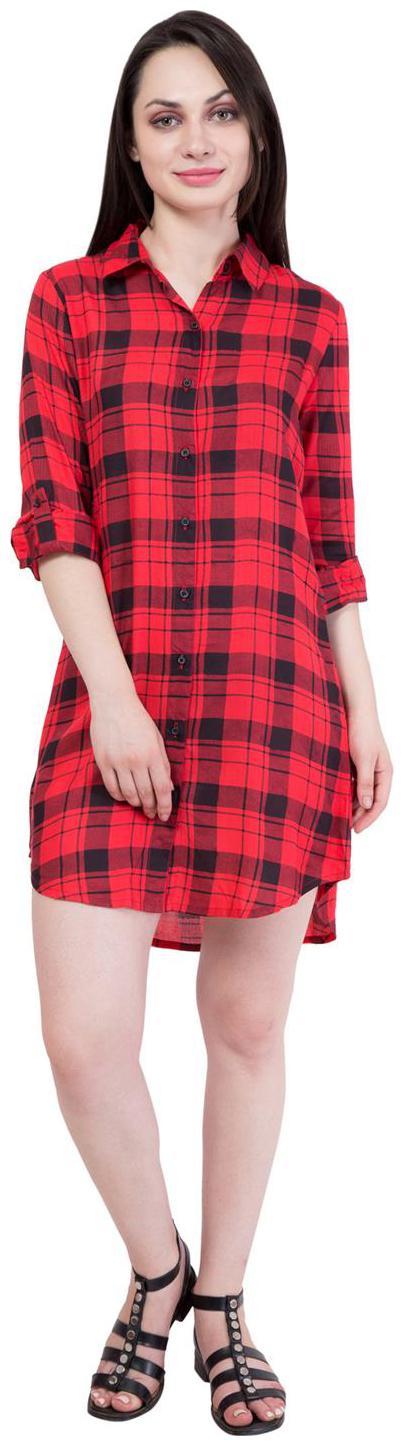 

Hive91 Checkered Red Long Shirt Dress in Rayon Fabric