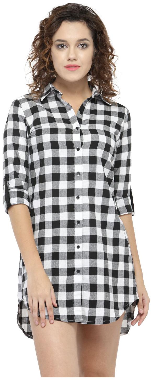 

Hive91 Long Black Check Shirt Dress for Women Fold Up Sleeve Cotton Casual Shirt