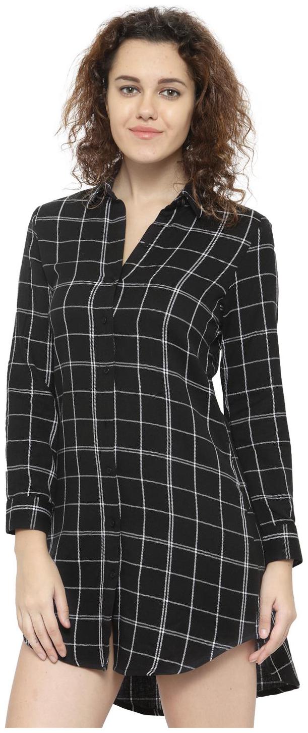 

Hive91 Long Black Check Shirt Dress for Women Full Sleeve Cotton Casual Shirt