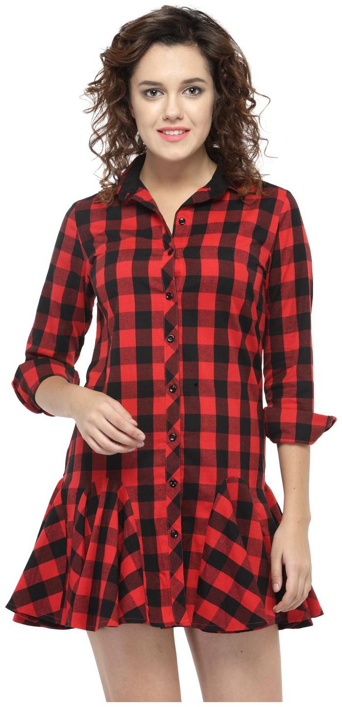 

Hive91 Red Checkered Ruffled Dress Cotton Western Dress for Women