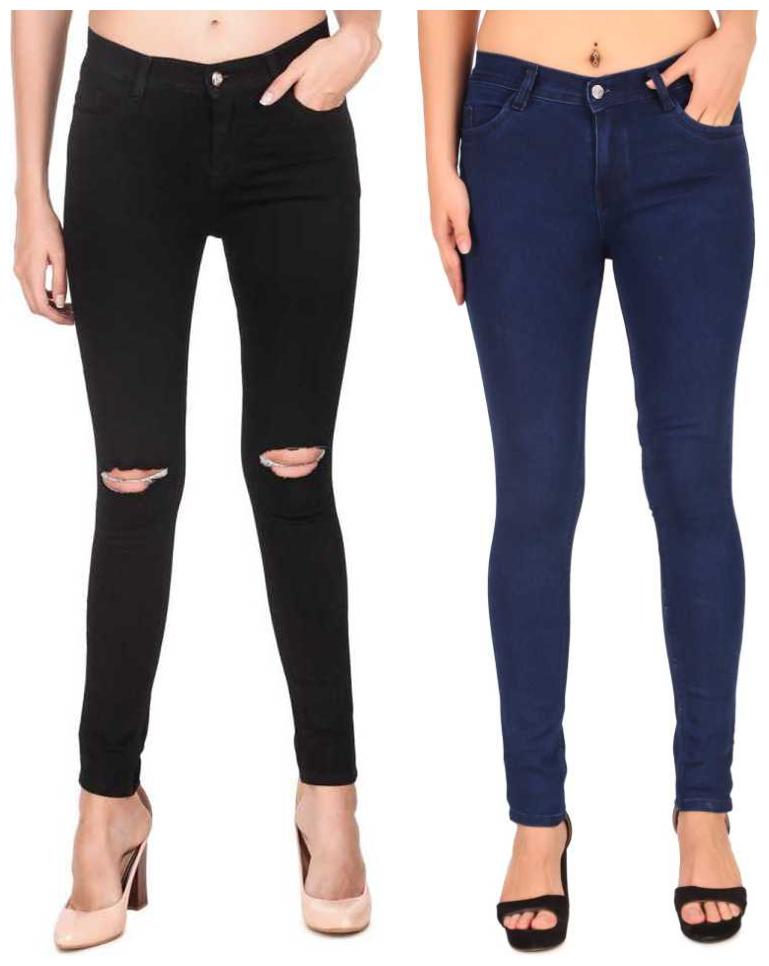 

HMFURRYS FINEST Denim Solid Black Navy Blue Color Jeans For Women (Pack Of 2)