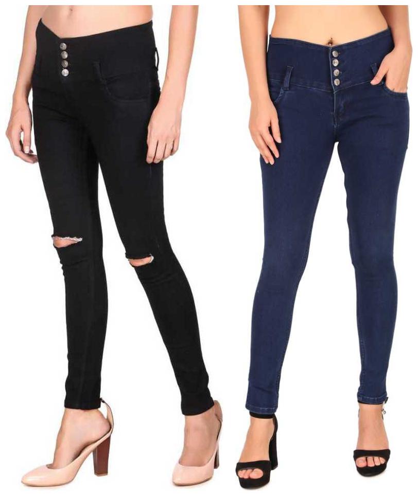 

HMFURRYS FINEST Denim Solid Black Navy Blue Color Jeans For Women (Pack Of 2)