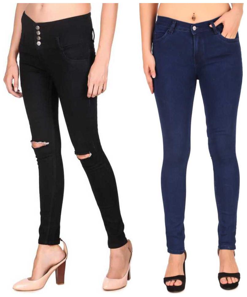 

HMFURRYS FINEST Denim Solid Black Navy Blue Color Jeans For Women (Pack Of 2)