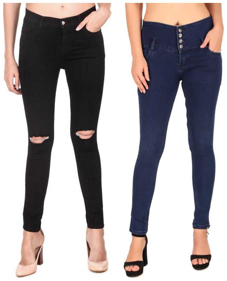 

HMFURRYS FINEST Denim Solid Black Navy Blue Color Jeans For Women (Pack Of 2)