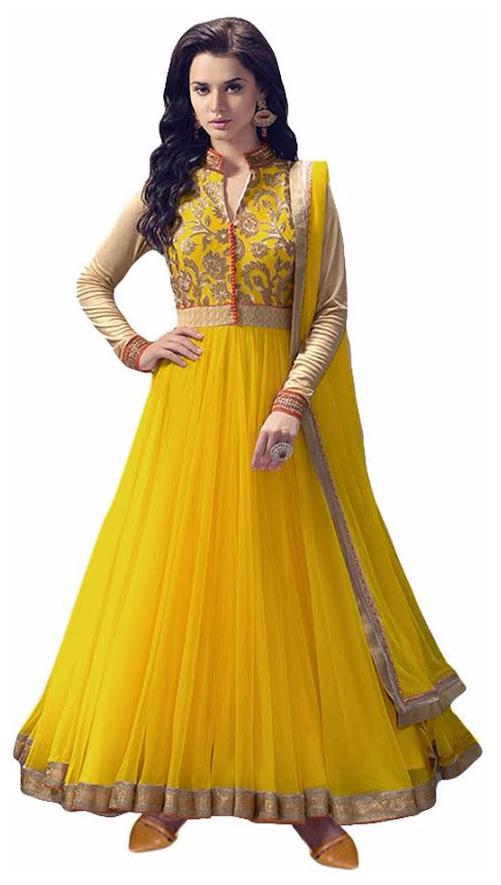 

Home Fashion Yellow Net Anarkali Semi Stitched Suit