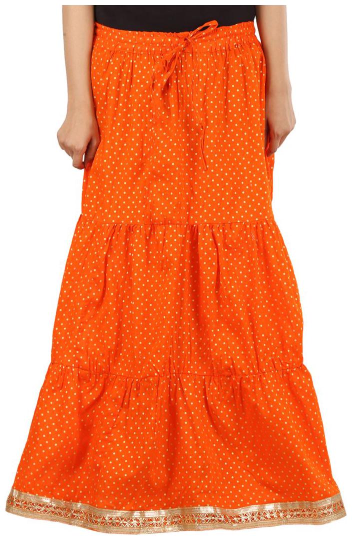 

Home Shop Gift Orange Polka Dots Gold Printed Long Skirt For Women FreeSize