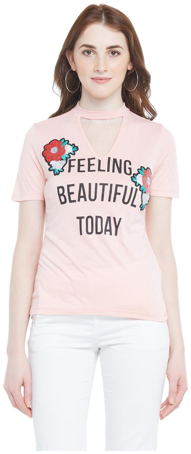 

Honey By Pantaloons Women Pink Regular fit V neck Cotton T shirt