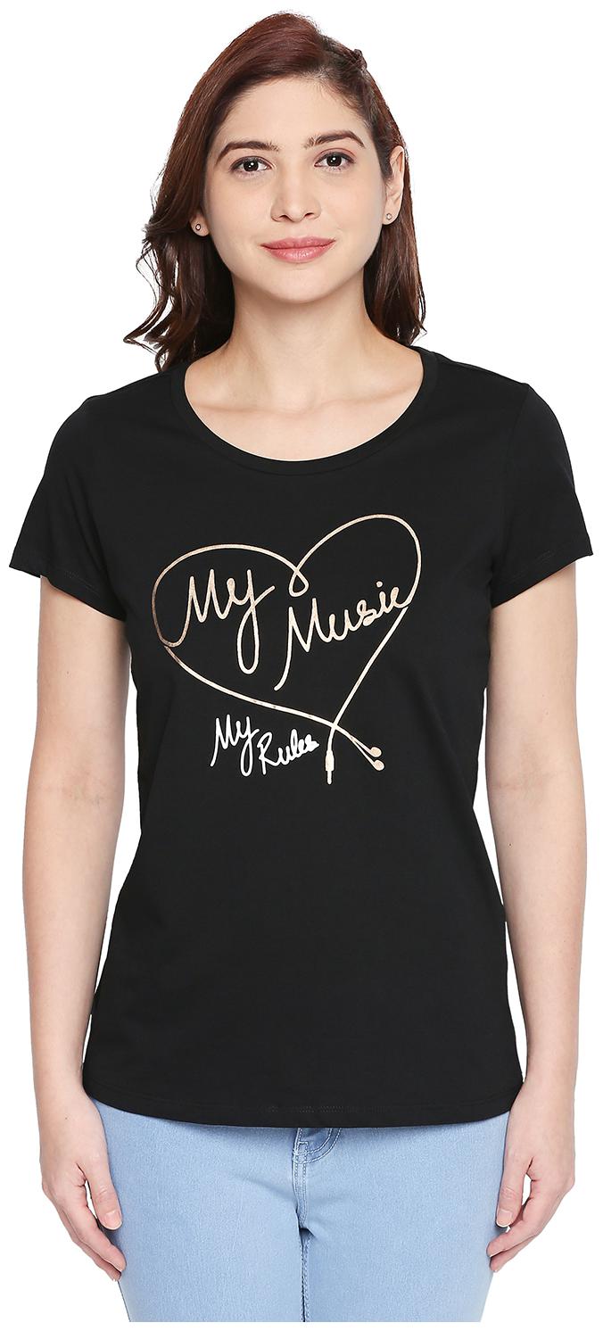 

Honey By Pantaloons Women Black Regular fit Round neck Cotton T shirt