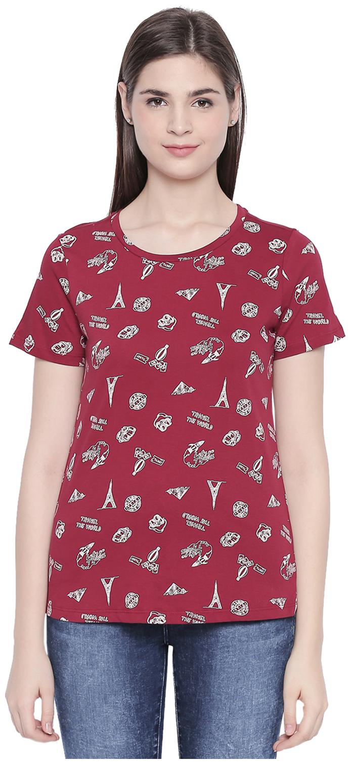 

Honey By Pantaloons Women Maroon Regular fit Round neck Cotton T shirt