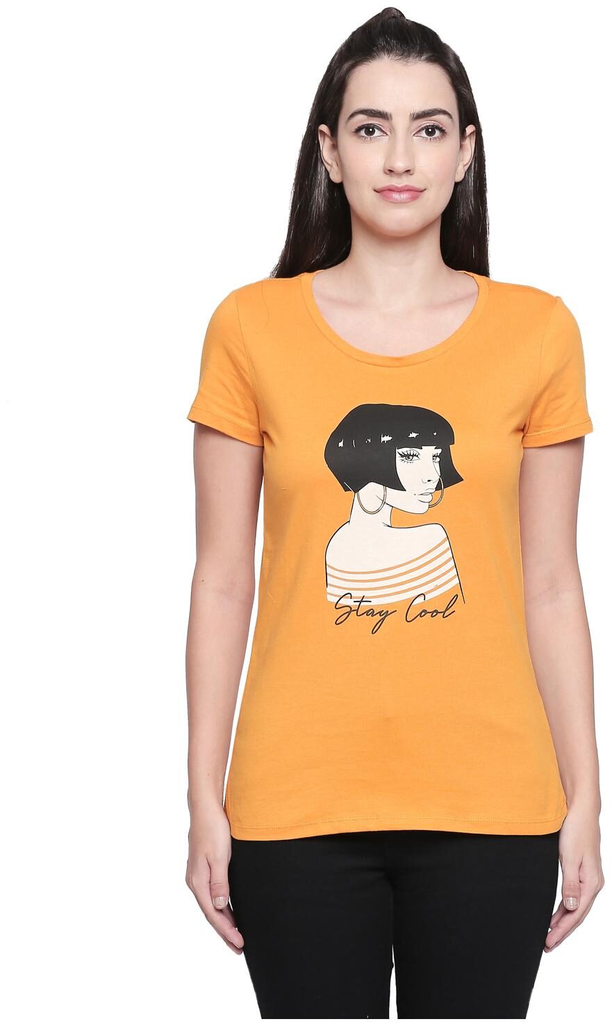 

Honey By Pantaloons Women Yellow Regular fit Round neck Cotton T shirt