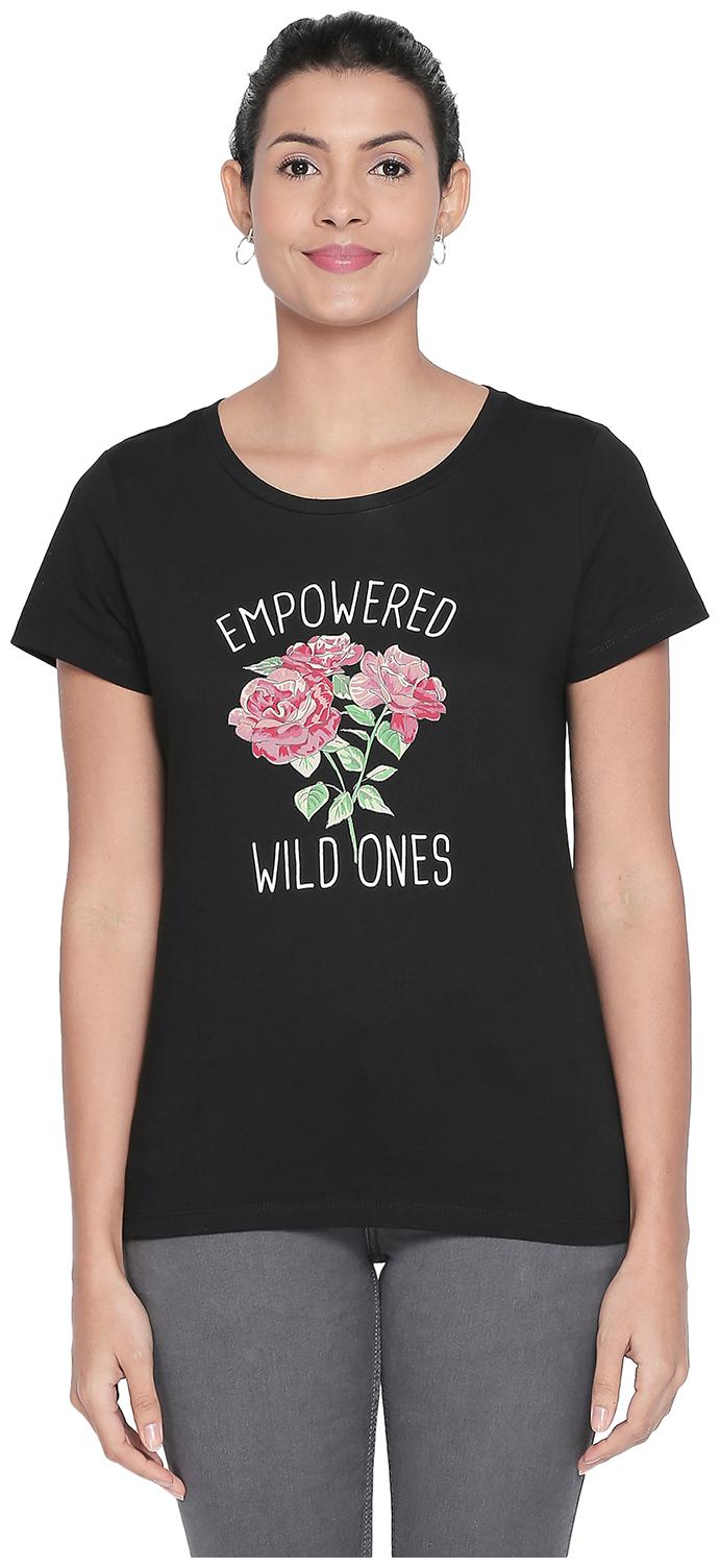 

Honey By Pantaloons Women Black Regular fit Round neck Cotton T shirt