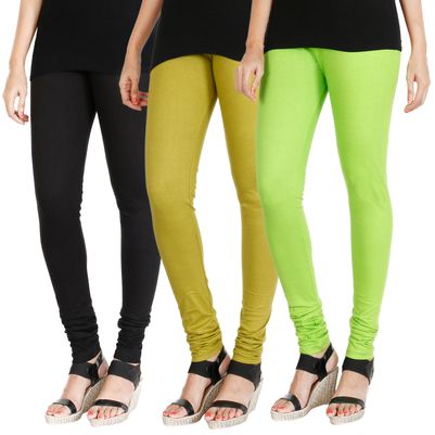 

HRINKAR BLACK LIGHT GREEN FLUROSCENT GREEN Soft Cotton Lycra Plain leggings womens and girls combo Pack of 3 Size - L XL XXL - HLGCMB0631-XL