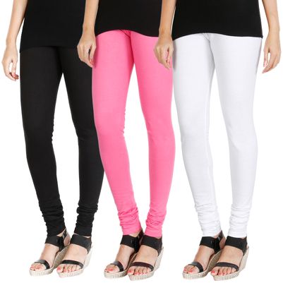 

HRINKAR BLACK LIGHT PINK WHITE Soft Cotton Lycra Plain leggings Pack of 3 Size - L XL XXL - HLGCMB0645-XL