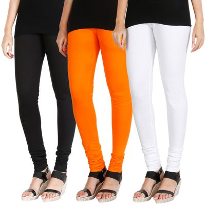 

HRINKAR BLACK BRIGHT ORANGE WHITE Soft Cotton Lycra Plain leggings for womens combo Pack of 3 Size - L XL XXL - HLGCMB0630-XL