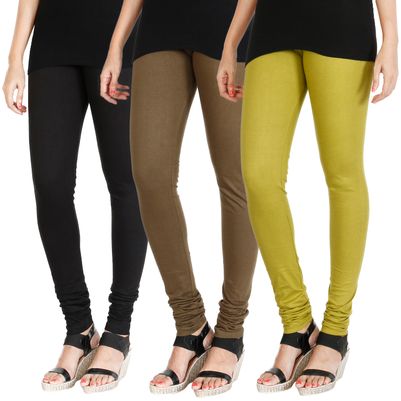 

HRINKAR BLACK MEHENDI LIGHT GREEN Soft Cotton Lycra Plain leggings for womens combo Pack of 3 Size - L XL XXL - HLGCMB0600-XL