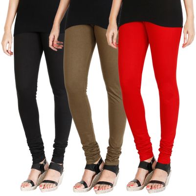 

HRINKAR BLACK MEHENDI RED Soft Cotton Lycra Plain leggings for womens combo Pack of 3 Size - L XL XXL - HLGCMB0605-XXL