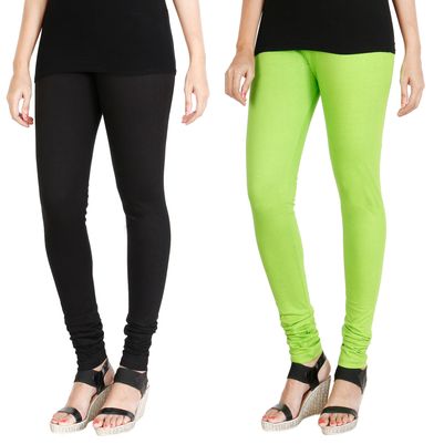 

HRINKAR BLACK FLUROSCENT GREEN Soft Cotton Lycra Plain girls leggings combo Pack of 2 Size - L XL XXL - HLGCMB0076-L
