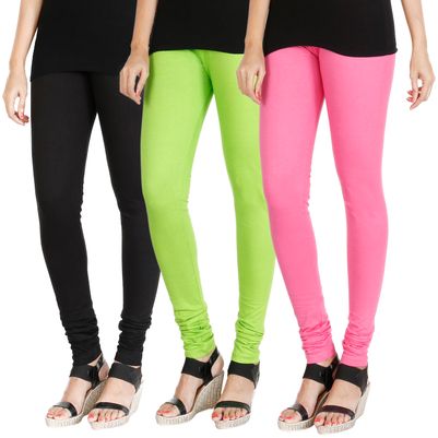 

HRINKAR BLACK FLUROSCENT GREEN LIGHT PINK Soft Cotton Lycra Plain Salwar leggings combo Pack of 3 Size - L XL XXL - HLGCMB0637-L