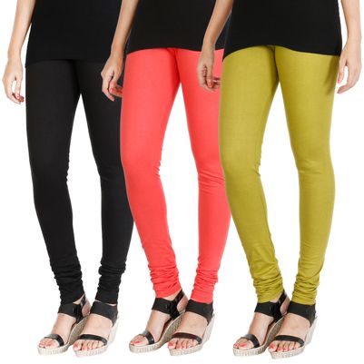 

HRINKAR BLACK PEACH LIGHT GREEN Soft Cotton Lycra Plain leggings for womens combo Pack of 3 Size - L XL XXL - HLGCMB0617-L