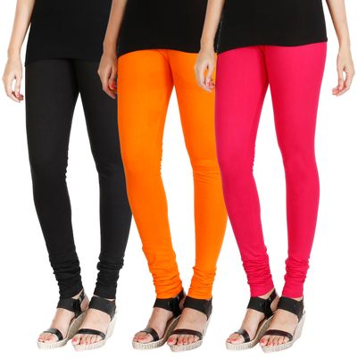 

HRINKAR BLACK BRIGHT ORANGE DARK PINK Soft Cotton Lycra Plain leggings for girls combo Pack of 3 Size - L XL XXL - HLGCMB0627-XL