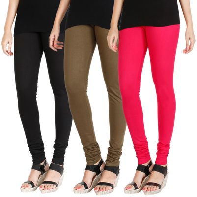 

HRINKAR BLACK MEHENDI DARK PINK Soft Cotton Lycra Plain leggings for womens combo Pack of 3 Size - L XL XXL - HLGCMB0603-XXL