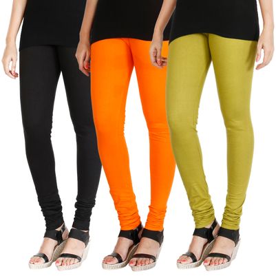 

HRINKAR BLACK BRIGHT ORANGE LIGHT GREEN Soft Cotton Lycra Plain leggings for girls combo Pack of 3 Size - L XL XXL - HLGCMB0624-XXL