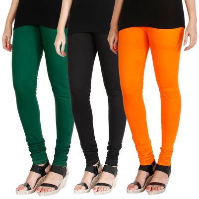 

HRINKAR BOTTLE GREEN BLACK BRIGHT ORANGE Soft Cotton Lycra Plain womens leggings combo Pack of 3 Size - L XL XXL - HLGCMB0468-XL