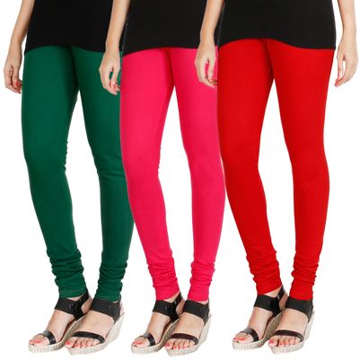 

HRINKAR BOTTLE GREEN DARK PINK RED Soft Cotton Lycra Plain leggings for girls combo Pack of 3 Size - L XL XXL - HLGCMB0526-L
