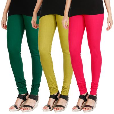 

HRINKAR BOTTLE GREEN LIGHT GREEN DARK PINK Soft Cotton Lycra Plain leggings Pack of 3 Size - L XL XXL - HLGCMB0512-L