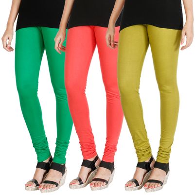 

HRINKAR BOTTLE GREEN DARK PINK WHITE Soft Cotton Lycra Plain leggings womens and girls combo Pack of 3 Size - L XL XXL - HLGCMB0527-XL
