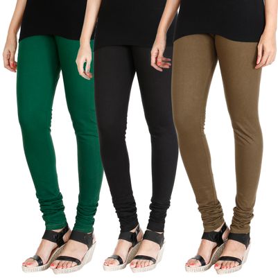 

HRINKAR BOTTLE GREEN BLACK MEHENDI Soft Cotton Lycra Plain leggings for womens combo Pack of 3 Size - L XL XXL - HLGCMB0465-L