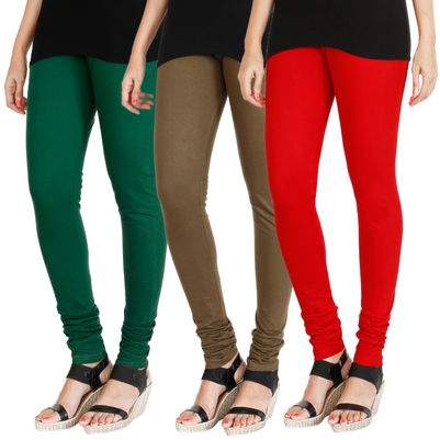 

HRINKAR BOTTLE GREEN MEHENDI RED Soft Cotton Lycra Plain girls leggings combo Pack of 3 Size - L XL XXL - HLGCMB0484-L