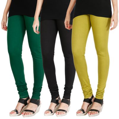 

HRINKAR BOTTLE GREEN BLACK LIGHT GREEN Soft Cotton Lycra Plain leggings Pack of 3 Size - L XL XXL - HLGCMB0469-XL