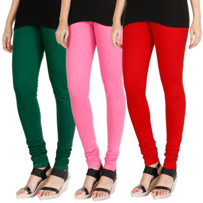 

HRINKAR BOTTLE GREEN LIGHT PINK RED Soft Cotton Lycra Plain leggings for girls combo Pack of 3 Size - L XL XXL - HLGCMB0523-XL