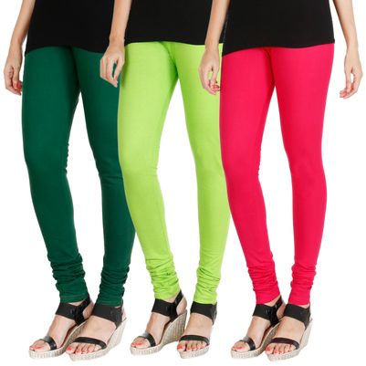 

HRINKAR BOTTLE GREEN FLUROSCENT GREEN DARK PINK Soft Cotton Lycra Plain Salwar leggings combo Pack of 3 Size - L XL XXL - HLGCMB0517-L